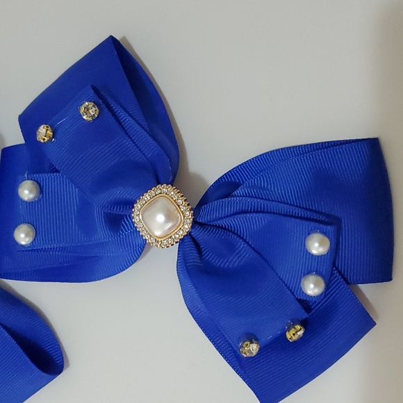 New Girl Hair Bows with Pearl & Rhinestone in Royal Blue - Picture 3 of 4
